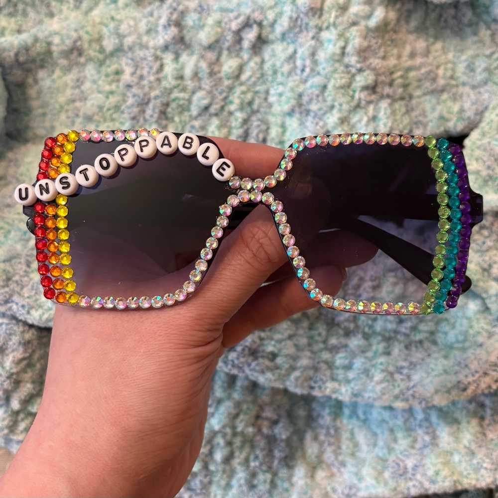 Handmade Black and Rainbow UNSTOPPABLE Sunglasses